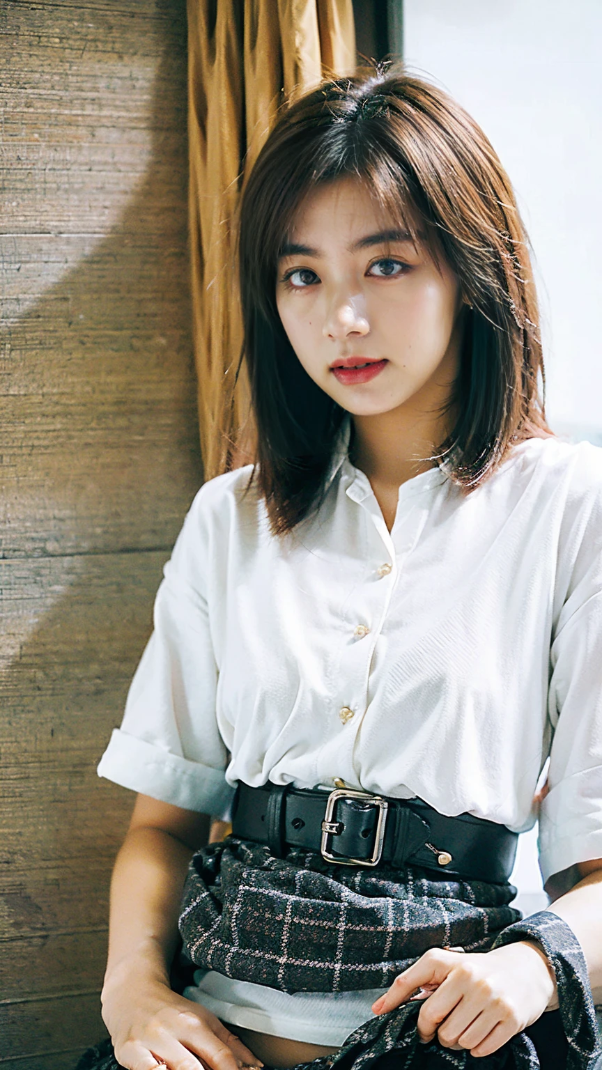 nsfw, (8K、RAW Photos、Highest quality、masterpiece:1.2)、(Realistic、Realistic)、1 Girl、smile、((Collared shirt、skirt、Medium Hair、whole body、View from the front、Looking into the camera))、skirtを捲る、Shooting from below、Panty Focus、(White panties)