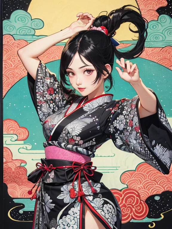 (masterpiece, Highest quality,High resolution, Official Art), (One girl), Bright and vivid color patterns in Japanese clothing、Black hair in a Japanese round topknot,Traditional Japanese patterned fabric, (Dynamic movements),(Shiny skin),  ( Ukiyo-e background,moon,flower,cloud )