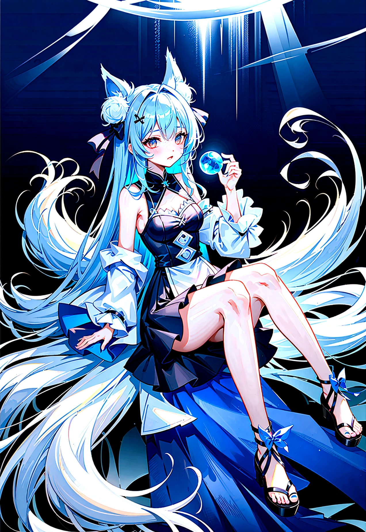 fox Light blue hair 　beast girl　indigo fur　fox beast girl　Anime Style　fox　blue　White-faced golden-haired nine-tailed fox　Coat blue　　　mysterious background　Blue Flame　girl　have a ball of light　fox Light blue hair 　beast girl　indigo fur　fox beast girl