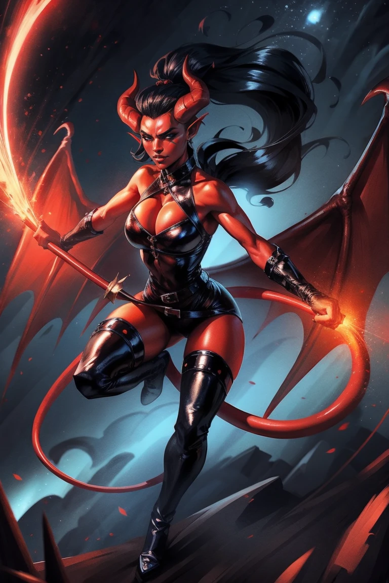 Red skin succubus tiefling, medium breasts, black horns, wings, huge tail, black leather, tall, toned, graceful, thin, long black ponytail. Action scene, whip. Dark scene, explosions, night sky.