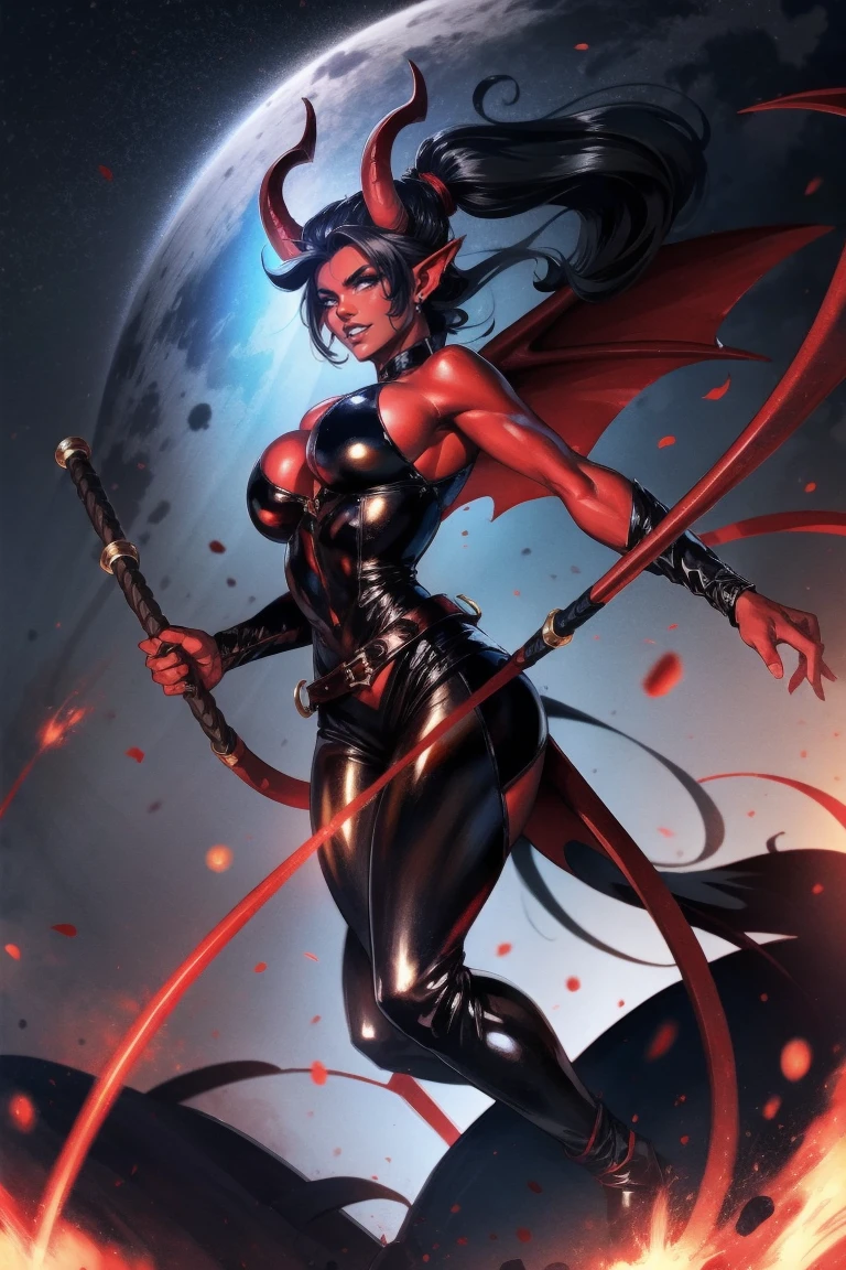 Red skin succubus tiefling, medium breasts, black horns, wings, huge tail, black leather, tall, toned, graceful, thin, long black ponytail. Action scene, whip. Dark scene, explosions, night sky.