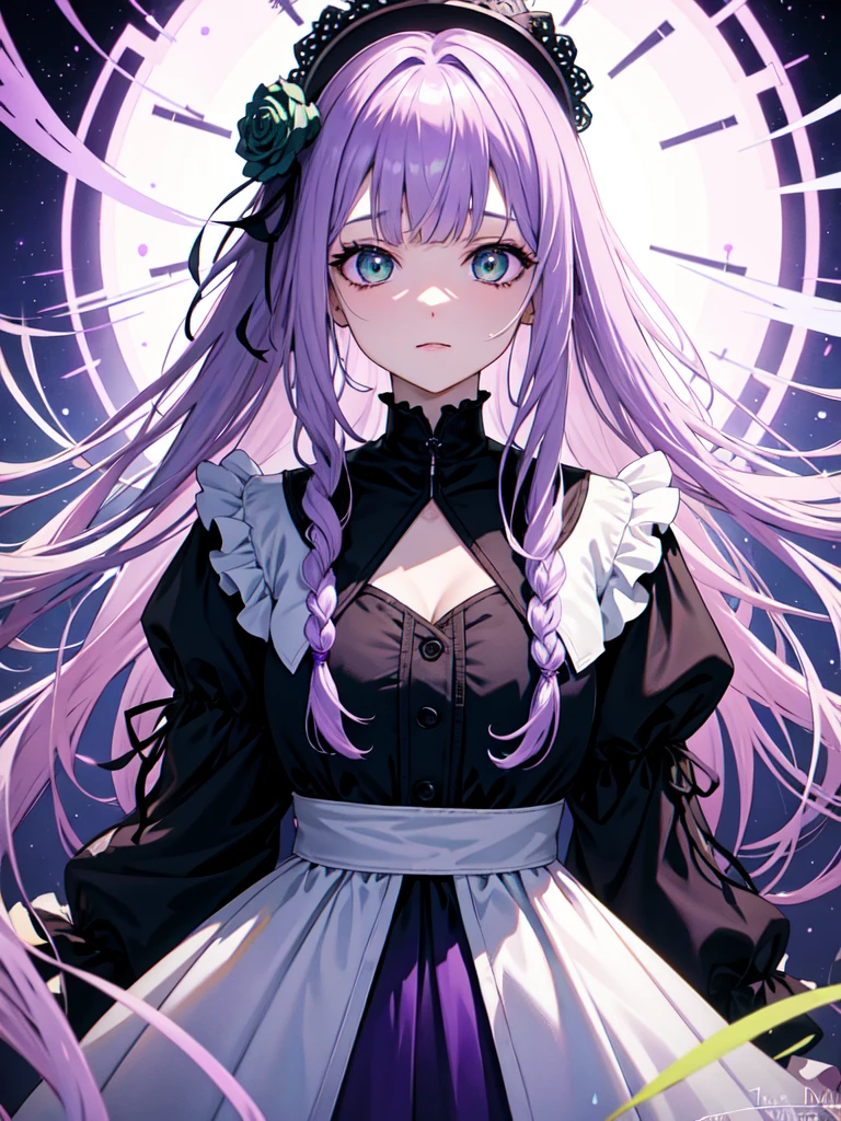 Full bangs,  Straight bangs,  Gradient braided hair, (Light purple hair), (Ink blotches:1.1), (pale:1.2),(Light purple:1.2),(Light green:1.2)　and full body, Artistic elements add depth to the work. The overall atmosphere is creepy and nightmarish..., With a unique artistic touch. This movie is、The dark and crazy world of horror movies depicted in HD., Evoke visual stimuli and aesthetic sense, It will terrify and excite the audience....,watercolor画, （Lightless, Eyes without highlights, Evil Eye, A bad looking person with white eyes, It&#39;s a red eyeliner）,whole body絵, Wearing a maid outfit and （Mature face,tall, Wearing black tights,Green Eyes, The skin is hidden　and maid, The background is a dark and desolate landscape, Horror movie atmosphere. Her figure is extremely beautiful, Emphasizing the dark and crazy elements. Skillfully expressing the effects of light and shadow, detailed, The face and expression of the black costume are also carefully drawn...,sketch (Character design sheet, same characters, whole body, Three-View, front, ~ ~ ~ side, return) and 1 female, Nervous,Cowboy Shot,,(Very bright:1.1), White Background, [1 Girl:7], (Tilt your head:1.2), ([sketch|watercolor \(Moderate\)]:1.15),Chaotic Abstract