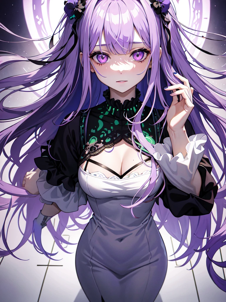 Full bangs,  Straight bangs,  Gradient braided hair, (Light purple hair), (Ink blotches:1.1), (pale:1.2),(Light purple:1.2),(Light green:1.2)　and full body, Artistic elements add depth to the work. The overall atmosphere is creepy and nightmarish..., With a unique artistic touch. This movie is、The dark and crazy world of horror movies depicted in HD., Evoke visual stimuli and aesthetic sense, It will terrify and excite the audience....,watercolor画, （Lightless, Eyes without highlights, Evil Eye, A bad looking person with white eyes, It&#39;s a red eyeliner）,whole body絵, Wearing a maid outfit and （Mature face,tall, Wearing black tights,Green Eyes, The skin is hidden　and maid, The background is a dark and desolate landscape, Horror movie atmosphere. Her figure is extremely beautiful, Emphasizing the dark and crazy elements. Skillfully expressing the effects of light and shadow, detailed, The face and expression of the black costume are also carefully drawn...,sketch (Character design sheet, same characters, whole body, Three-View, front, ~ ~ ~ side, return) and 1 female, Nervous,Cowboy Shot,,(Very bright:1.1), White Background, [1 Girl:7], (Tilt your head:1.2), ([sketch|watercolor \(Moderate\)]:1.15),Chaotic Abstract