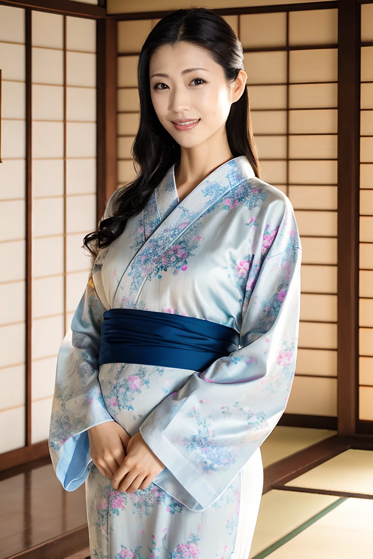 (Highest quality、Tabletop、8K、Best image quality、Award-winning works)、(One beautiful mature woman:1.1)、Adult face、(Innkeeper:1.1)、(Elegant floral kimono:1.2)、(A kimono with a perfect and precise collar:1.2)、Perfect mature woman portrait photo、Glowing Skin、Standing Elegantly、(Blurred elegant and exquisite perfect Japanese style room background:1.3)、(The most natural and perfect tidy Japanese style room background:1.2)、Glowing White Skin、Very white skin、(Accentuate your body lines:1.1)、(The most graceful posture:1.2)、(Large Breasts:1.2)、A perfect smile、Perfect beautiful glossy lips、(Accurate anatomy:1.2)、(A perfect and elegant kimono:1.1)、(Standing with good posture:1.1)、Natural pregnancy belly swelling、(Beautiful, high-quality, large kimono obi:1.1)