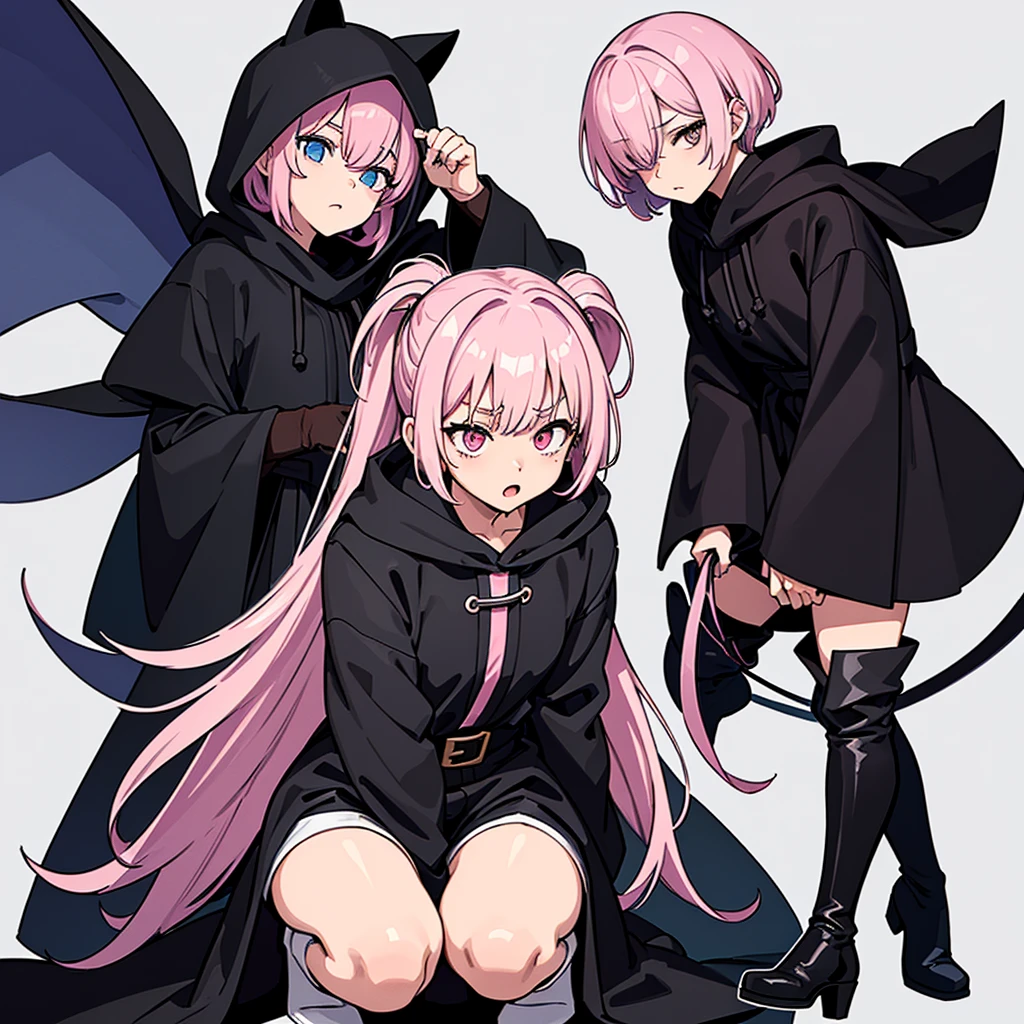 (Full body character concept、detailed character design)、(((Wearing a black hood)))、Best illustrations、Best Quality、(23 years old)、(The same face:1.1),Medieval Fantasy、Magic wand,(White Background)、(Pink Hair、Very Short Hair、Align your bangs)、(((Long sleeve、Black Robe、pants、Knee-high boots)))、Get Ready、(get annoyed、anxiety、fear、Open your mouth、Close one eye)、(Diagonally below)