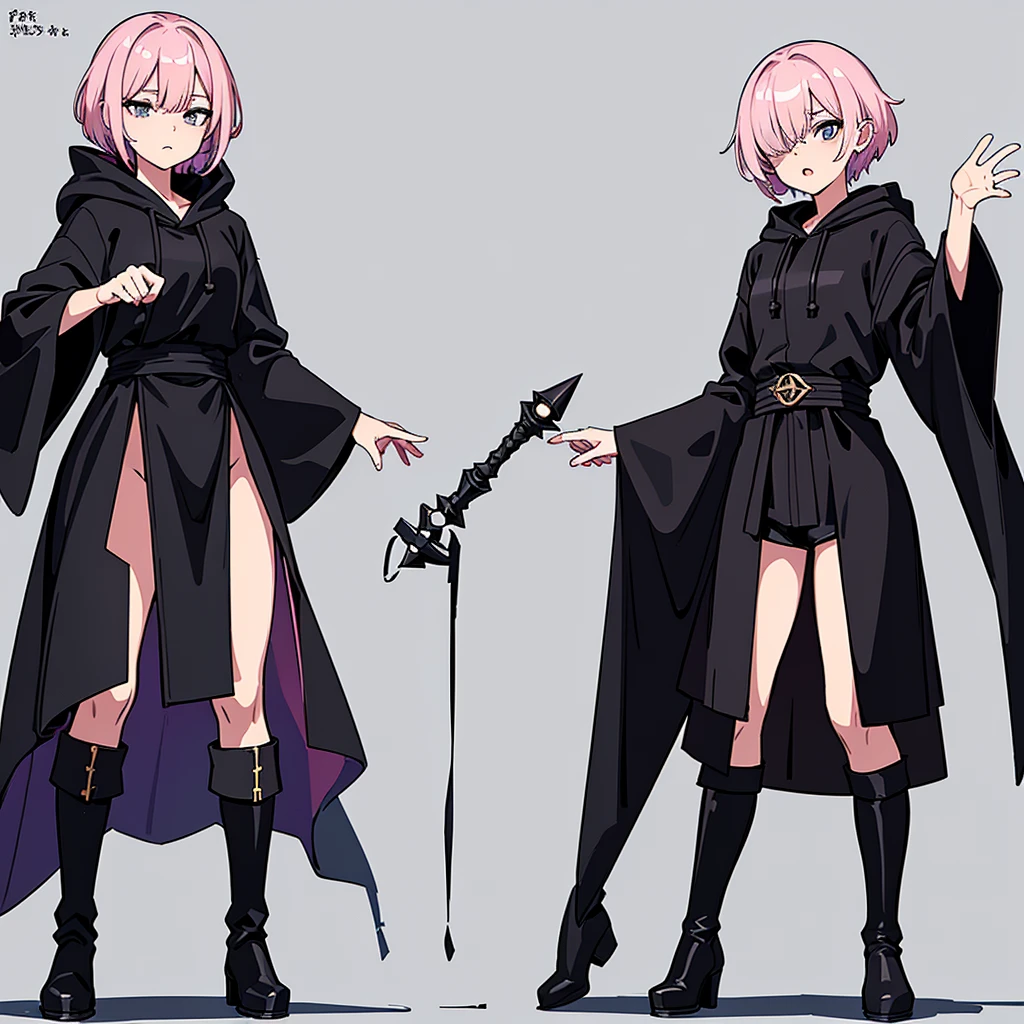 (Full body character concept、detailed character design)、(((Wearing a black hood)))、Best illustrations、Best Quality、(23 years old)、(The same face:1.1),Medieval Fantasy、Magic wand,(White Background)、(Pink Hair、Very Short Hair、Align your bangs)、(((Long sleeve、Black Robe、pants、Knee-high boots)))、Get Ready、(get annoyed、anxiety、fear、Open your mouth、Close one eye)、(Diagonally below)