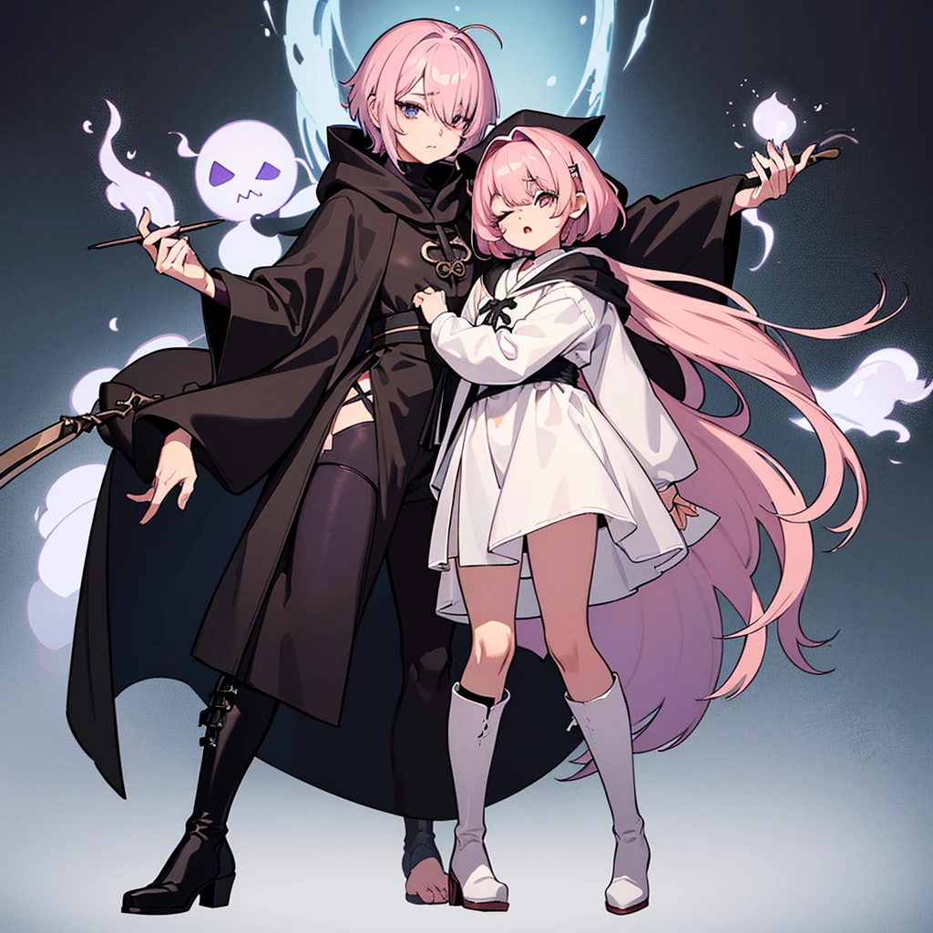 (Full body character concept、detailed character design)、(((Wearing a black hood)))、Best illustrations、Best Quality、(23 years old)、(The same face:1.1),Medieval Fantasy、Magic wand,(White Background)、(Pink Hair、Very Short Hair、Align your bangs)、(((Long sleeve、Black Robe、pants、Knee-high boots)))、Get Ready、(get annoyed、anxiety、fear、Open your mouth、Close one eye)、(Diagonally below)