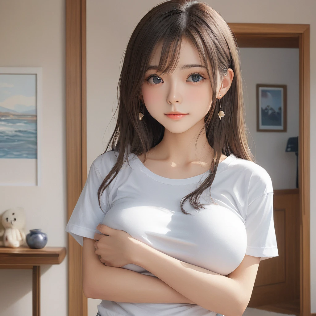 (masterpiece, Highest quality:1.2), One girl, alone,bony body、15 years old、(masterpiece, Highest quality:1.2), One girl, alone,bony body、15 years old、master piece , best quality , detailed , (woman face) , (breast hold:1.4) , t-shirt ,, room , indoor