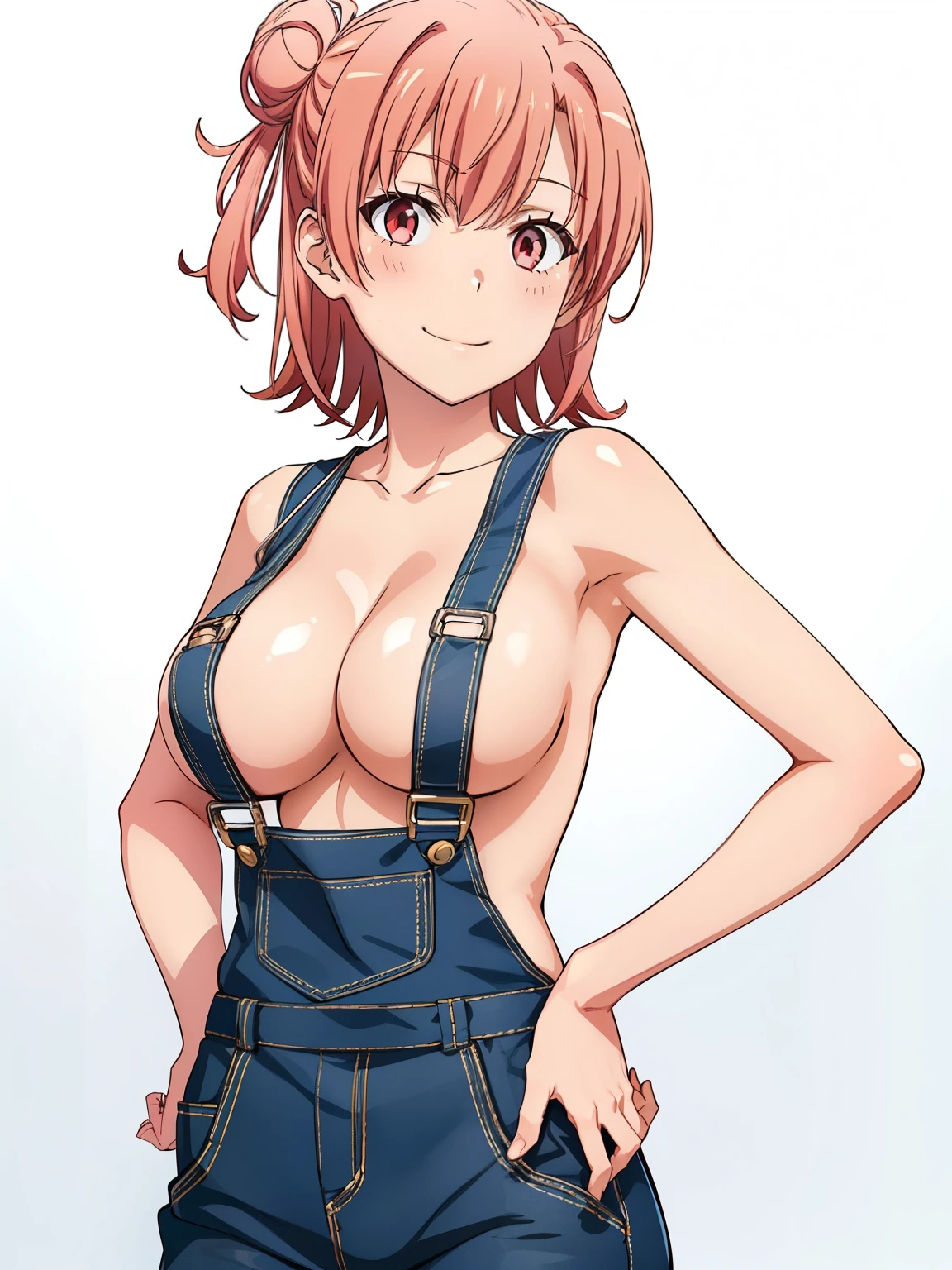 ((masutepiece, Best Quality, hight resolution, nffsw, Perfect Pixel, depth of fields, 4K, )), 1girl in, Solo, , Beautiful anime girl, Beautiful Art Style, close up, Looking at Viewer, Perfect body, Yuigahama Yui, Short hair, pink hair, hairbun, (large ), smiling, overalls, one brea, breast, nihands on blank white background, cowboy shot