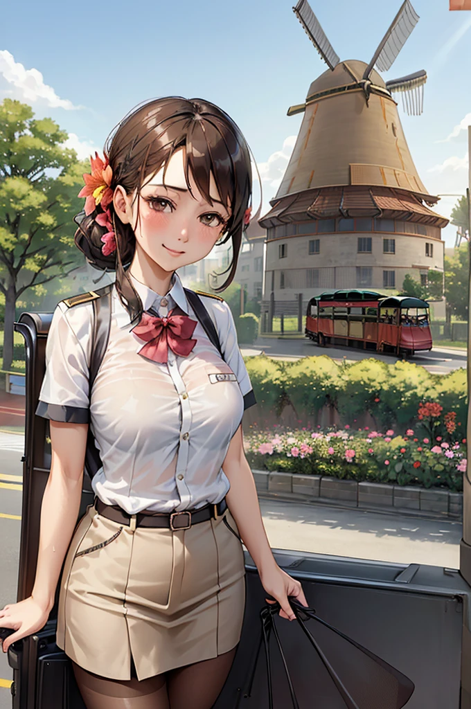 (Brown Hair:1.2),(Hair tied up:1.3),(With bangs:1.25),(Brown eyes:1.4),(Eye size:1.5),(Tourist bus guide uniform:1.3),(Flight attendant or bus guide uniform:1.3),(blush),(Cute Smile:1.3),(小さいchest:1.6),(Face close-up:1.5),(A flower garden with a windmill in the distance:1.5),(A gorgeous gate reminiscent of a garden palace:1.4),(Scenery with a bus:1.6)、（White shirt）、（Wet）、Sweat、（See-through）、（chest）、（（（ブラジャーがSee-through）））、courtesy