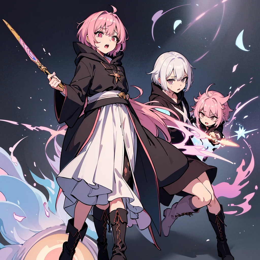 (Full body character concept、detailed character design)、((((Magic wandを掴む))))、(((Wearing a black hood)))、Best illustrations、Best Quality、(23 years old)、(The same face:1.1),Medieval Fantasy、Magic wand,(White Background)、(Pink Hair、Very Short Hair、Align your bangs)、(((Long sleeve、Black Robe、pants、Knee-high boots)))、Get Ready、(get annoyed、anxiety、fear、Open your mouth、Close one eye)、(Diagonally below)