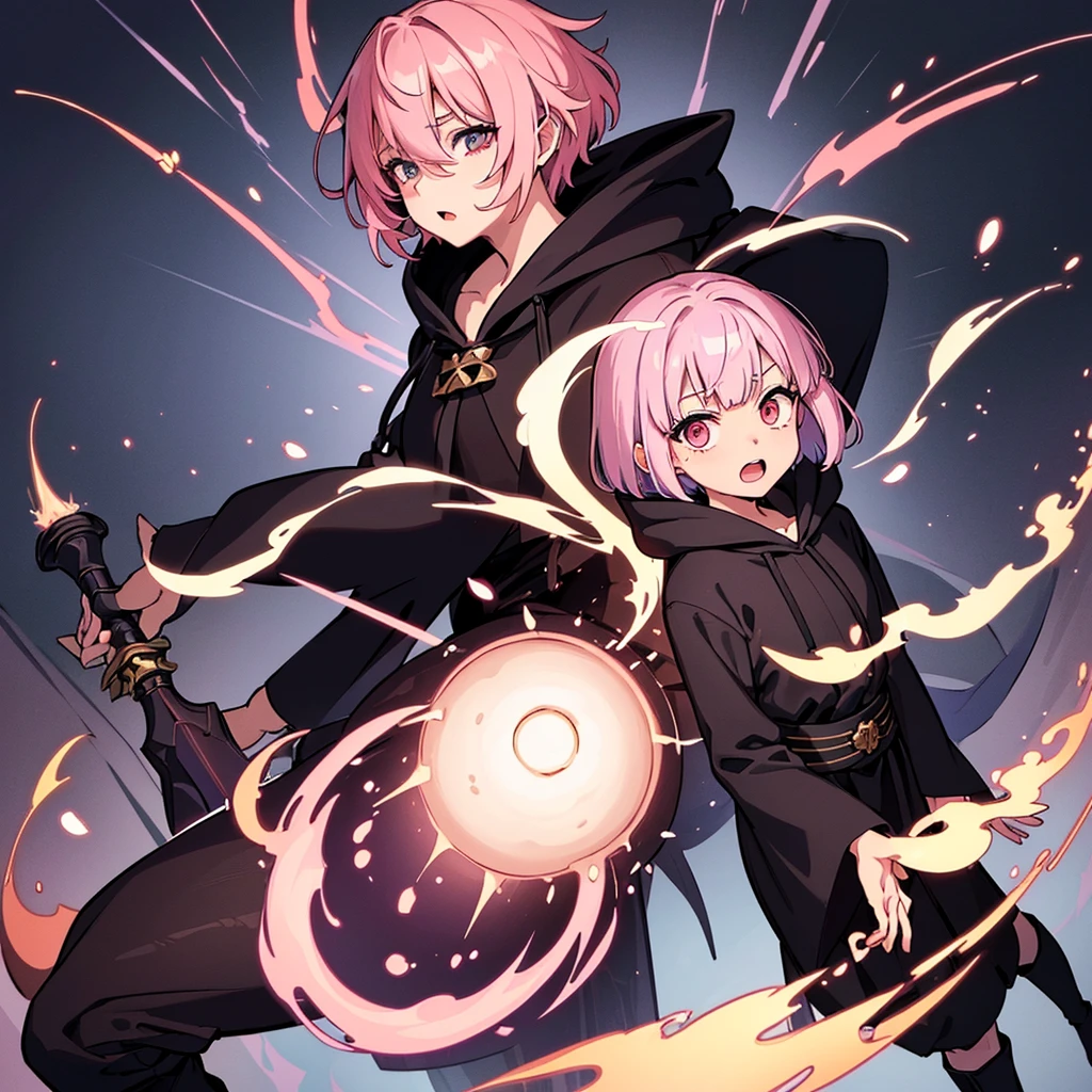 (Full body character concept、detailed character design)、((((Magic wandを掴む))))、(((Wearing a black hood)))、Best illustrations、Best Quality、(23 years old)、(The same face:1.1),Medieval Fantasy、Magic wand,(White Background)、(Pink Hair、Very Short Hair、Align your bangs)、(((Long sleeve、Black Robe、pants、Knee-high boots)))、Get Ready、(get annoyed、anxiety、fear、Open your mouth、Close one eye)、(Diagonally below)