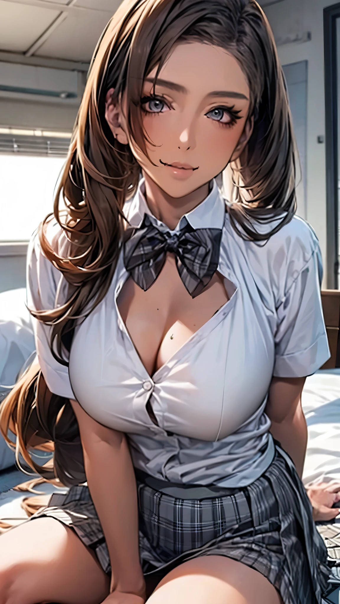 (masterpiece:1.2, Highest quality), (Realistic, photoRealistic:1.4), Beautiful illustrations, 
View your viewers, whole body, Front view:0.6, 
1 Girl, Japanese, high School girl, (Long Hair:1.5), Let your hair flutter, (Side Ponytail), Hair on one eye, Large Breasts:0.8, 
Beautiful Hair, Beautiful Face, Beautiful attention to detail, Beautiful clavicle, Beautiful body, Beautiful breasts, Beautiful thighs, Beautiful feet, Beautiful fingers, 
(Beautiful views), School,
((Collared short-sleeved shirt, White shirt, , Grey plaid pleated skirt, Blue checked bow tie)), White panties, 
(squat, , Lift up your skirt, Grab the hem of the skirt, Place your hand on your chest, Hands between legs, ,