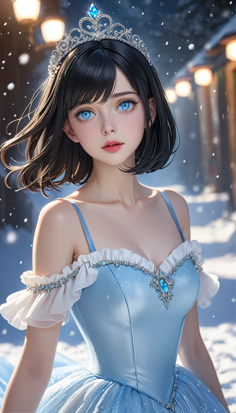 (((masterpiece))),Highest quality,figure,4k wallpaper,Cinema Lighting,Absurd,1 Girl,(snow,ice),In winter,(((Pale blue eyes))),Fine and beautiful eyes,Moist eyes,(((Black Hair))),(((Long Bob))),(((Semi-long hair))),Shiny Hair,curl,(((White Dress))),Frills,race, (((Cinderella Dresses))),(She wears a jeweled tiara on her head),(Angelic Princess),Leave_shoulder,masterpiece,Absurd,Beautiful Face,Features,Natural light,Soft Light,(Seven-part combination),amazing,Dreamy and magical,mystery,