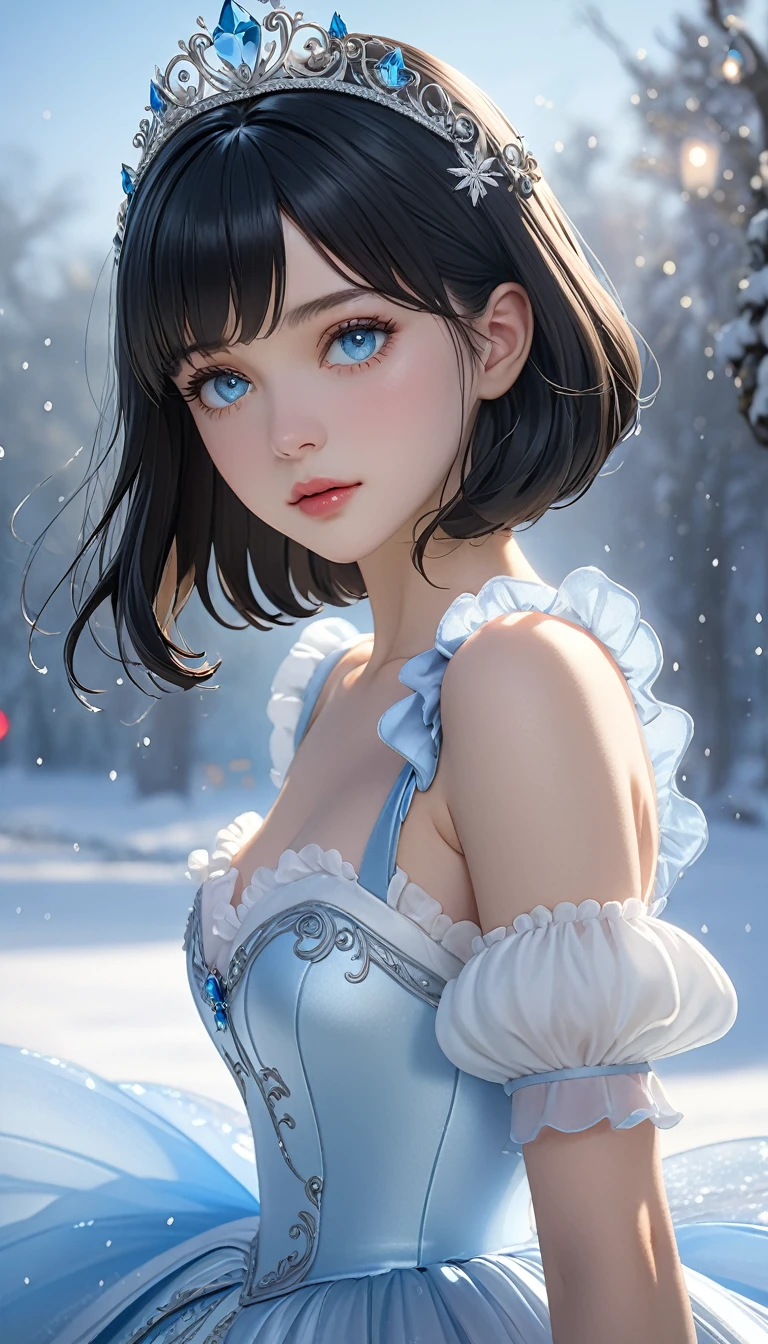 (((masterpiece))),Highest quality,figure,4k wallpaper,Cinema Lighting,Absurd,1 Girl,(snow,ice),In winter,(((Pale blue eyes))),Fine and beautiful eyes,Moist eyes,(((Black Hair))),(((Long Bob))),(((Semi-long hair))),Shiny Hair,curl,(((White Dress))),Frills,race, (((Cinderella Dresses))),(She wears a jeweled tiara on her head),(Angelic Princess),Leave_shoulder,masterpiece,Absurd,Beautiful Face,Features,Natural light,Soft Light,(Seven-part combination),amazing,Dreamy and magical,mystery,