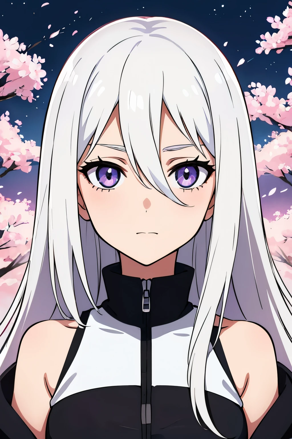 (high-quality, breathtaking),(expressive eyes, perfect face) portrait, Symmetrical Eyes, 1girl, solo, white hair, white coloured eyes, anime naruto art style, long hair, fluffy hair, feminine face, sky background, moon, open field background, stars, cherry blossom trees, hyuga, Ōtsutsuki, naruto ninja attire, neutral expression, soft smile, purple and black clothing, white trim, long sleeves, white dress, hair between eyes, bare shoulders, jacket,
