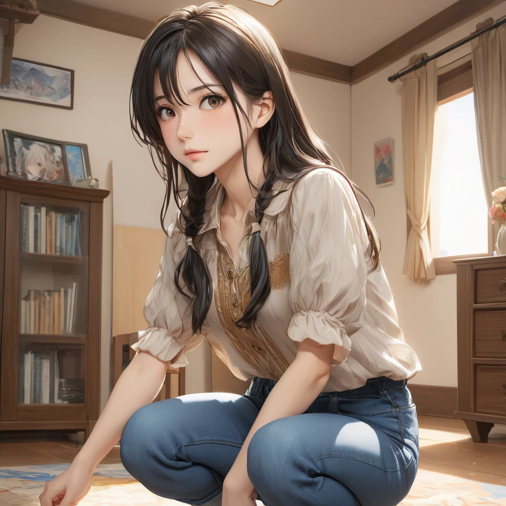 (masterpiece, Highest quality:1.2), One girl, alone,bony body、15 years old、Anime Style、(masterpiece, Highest quality:1.2), One girl, alone,bony body、15 years old、master piece , best quality , matured woman face , squatting , blouse , short denim , room , indoor