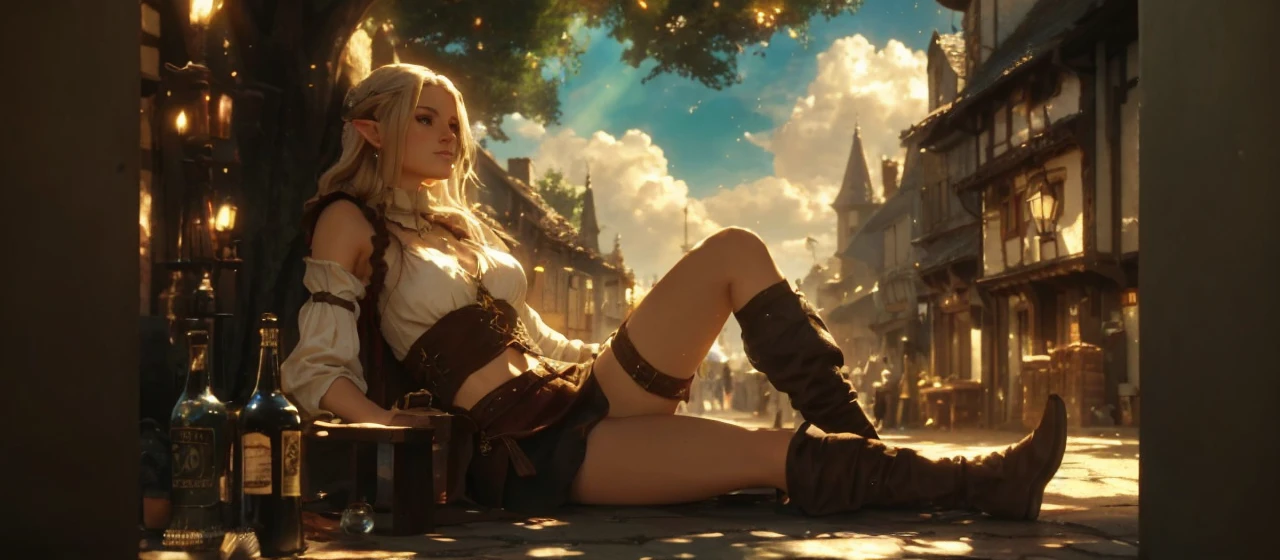 A elfo girl, sit in a street, under tree, in a medieval street, she is peacefully, she is totally fine, pergect face, medieval drees, medieval scene , mysticism, high quality, HDR, 4k resolution, 3d modeling, realism, high texture and detailed. photo, illustration, 3d render, poster, cinematic, fashion