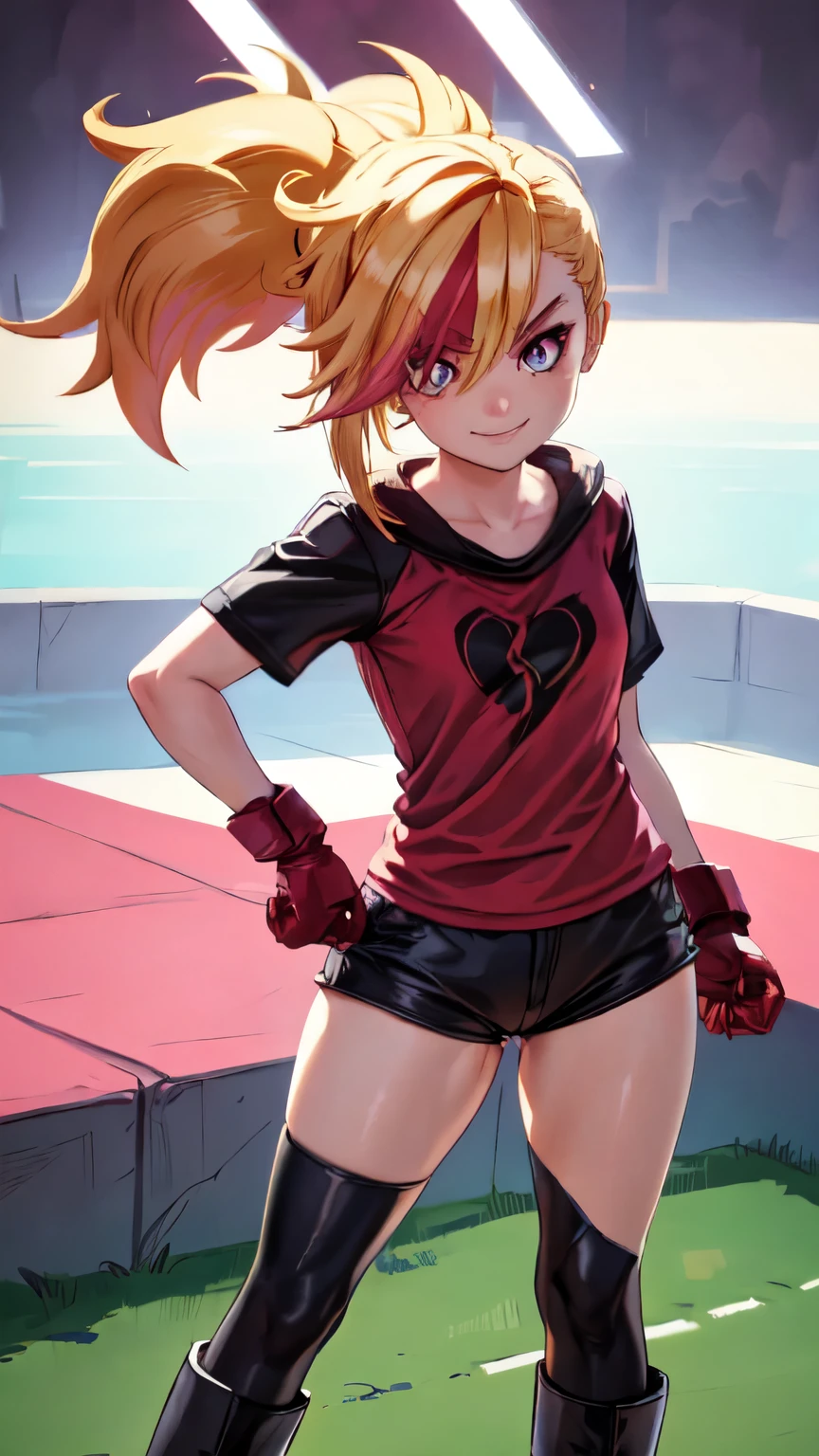 (best quality:1.2),solo,1girl,mdrin,smile,looking at viewer,lovely pose, ponytail,v-shaped eyebrows,red shirt, fingerless gloves,black shorts , garden background, warm color tones,soft lighting, Hair over one eye, ultra long hair, standing on hooftop, long boots, long ponytail, blonde 