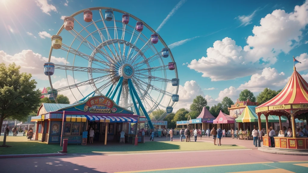 Create a high-quality, realistic 3D image. The scene should portray a vibrant and happy amusement park, highlighting colors and details that will please children aged 0 to 12. The image should include elements such as colorful park toys, ferris wheel, games tent, popcorn cart. treasure hunt theme. This image will be used as the backdrop for a children's treasure hunt show, so it should be lively and engaging.