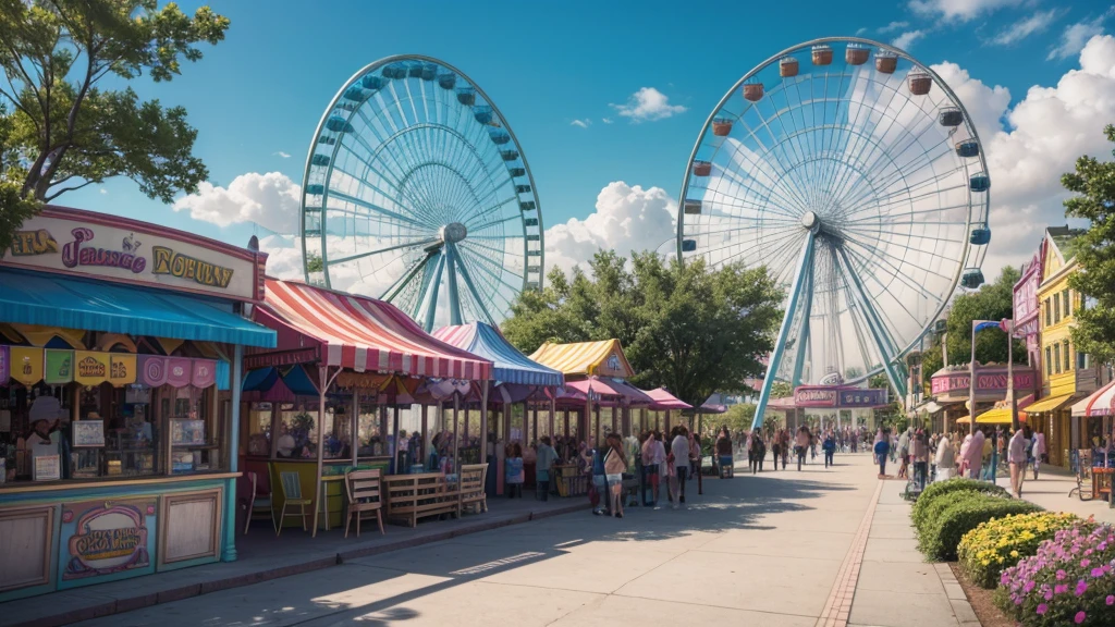 Create a high-quality, realistic 3D image. The scene should portray a vibrant and happy amusement park, highlighting colors and details that will please children  0 to 1e image should include elements such as colorful park toys, ferris wheel, games tent, popcorn cart. treasure hunt theme. This image will be used as the backdrop for a children's treasure hunt show, so it should be lively and engaging.