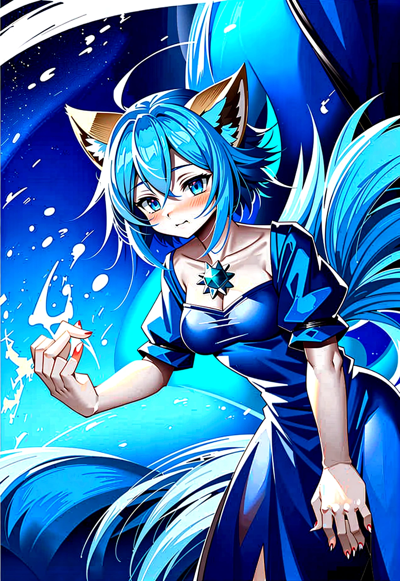 fox Light blue hair beast girl indigo fur fox beast girl Anime Style fox blue White-faced golden-haired nine-tailed fox Coat blue mysterious background Blue Flame girl have a ball of light fox Light blue hair beast girl indigo fur fox beast girl