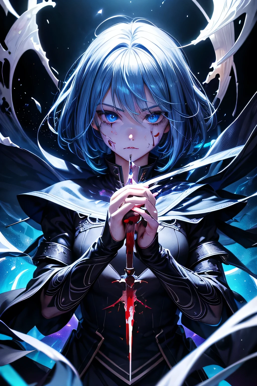 (masterpiece:1.2、highest quality), (Exquisite beautiful eyes: 1.2), (Detailed Background、Dark fantasy), (Beautifully detailed face), High Contrast, (Best lighting、Very delicate and beautiful), ((Cinema Lighting) )), colorful, Hyper Detail, Dramatic Light, Intricate details, (1 boy, solo, White short hair, Sharp Face, blue eyes, Hair between the eyes, Dynamic Angle), (Blood splatter:1.4), Black light swirling around the character, Depth of written boundary, black light particles, Nightcore, black magician, Spectacular anime style, gojo satoru, zerochan art, Anime Wallpaper, Burning, High quality anime art style, Key Anime Art
