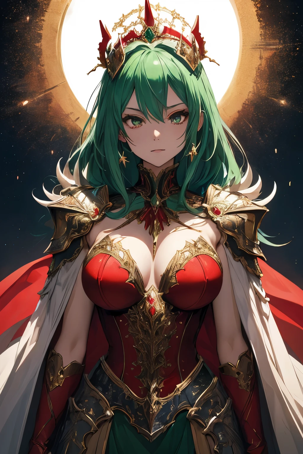In the realm of anime, there exists a striking image of a woman adorned with emerald green hair, a fitting symbol of her unique and vibrant spirit. Atop her head, she proudly wears a grand tiara, its diamonds sparkling like stars in the night. Her attire is a spectacle of its own, composed primarily of heavy silver armor, meticulously crafted with intricate red details that accentuate its grandeur. The armor, reminiscent of medieval knight's attire, serves to protect her valiantly as she faces her challenges.
Draped over her shoulders is a majestic red cape, its color a stark contrast to the metallic sheen