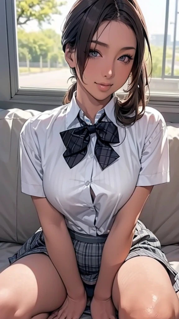 (masterpiece:1.2, Highest quality), (Realistic, photoRealistic:1.4), Beautiful illustrations,
View your viewers, whole body, Front view:0.6,
1 Girl, Japanese, high School girl, (Long Hair:1.5), Let your hair flutter, (Side Ponytail), Hair on one eye, Large Breasts:0.8,
Beautiful Hair, Beautiful Face, Beautiful attention to detail, Beautiful clavicle, Beautiful body, Beautiful breasts, Beautiful thighs, Beautiful feet, Beautiful fingers,
(Beautiful views), School,
((Collared short-sleeved shirt, White shirt, , Grey plaid pleated skirt, Blue checked bow tie)), White panties,
(squat, , Lift up your skirt, Grab the hem of the skirt, Place your hand on your chest, Hands between legs, ,