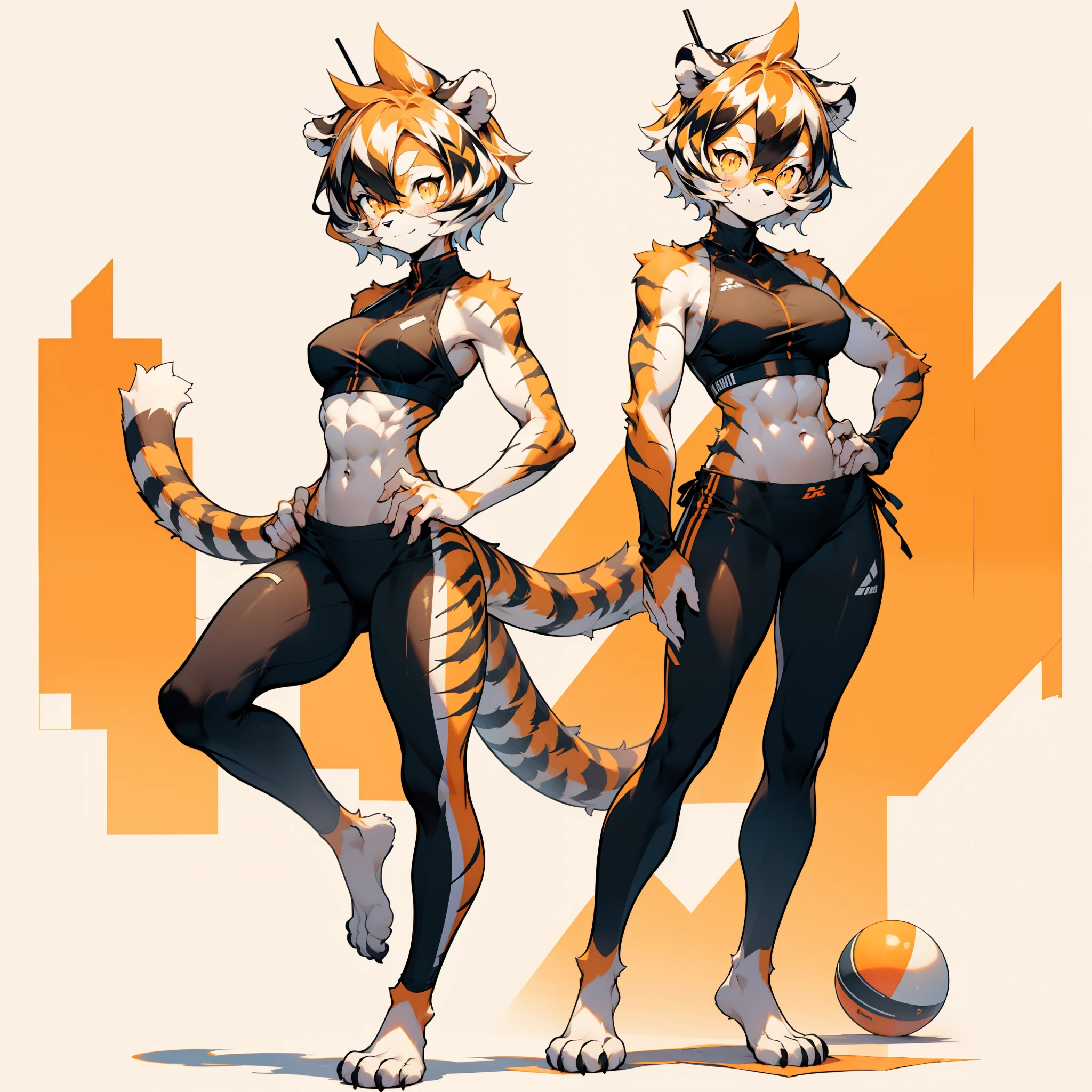 white background, full body, ((1girl,furry)), Standing Yoga mat, animal ears, arknights, white hair, black hair, round eyewear, glasses, OPPEIN, short hair, large breasts, muscle, tail, orange eyes, orange hair, multicolored hair, tiger girl, furry female, hair between eyes, tiger_ears, tiger_tail, orange-tinted_eyewear, tinted_eyewear, Sophorae, ワイフー, tattoo, petite, neck tattoo, big breasts, stomach tattoo, bra, panties, evil smile, Shadows under feet, Abdominal muscles, Yoga tights, Yoga balls