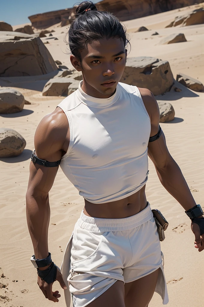 young man, not so high,Little Muscle, slightly dark skin, Desert scenery, light outfits, fighter, combat pose, wearing spartan sandals, white  clothes, monge