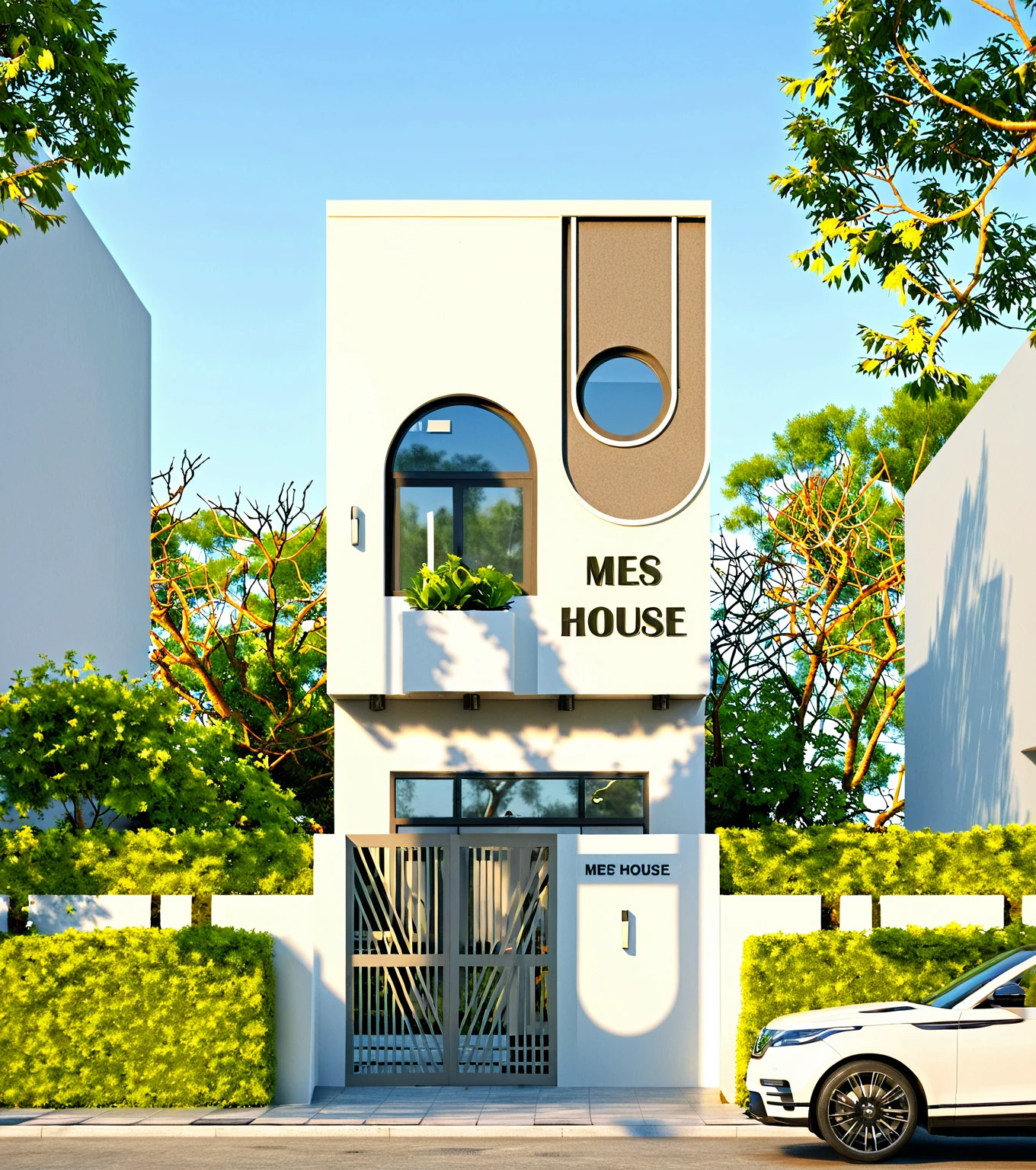 Masterpiece, high quality, best quality, authentic, super detail, outdoors, onestoreyvillaXL, aiaigroup, house style modern on the street ,stairs, white wall ,road,pavement, grass, trees, sky, cloud, (daylight:1.1)