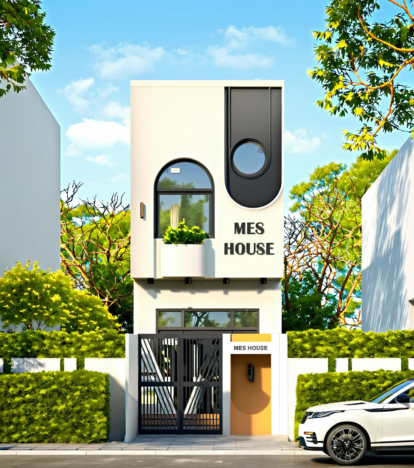 Masterpiece, high quality, best quality, authentic, super detail, outdoors, onestoreyvillaXL, aiaigroup, house style modern on the street ,stairs, white wall ,road,pavement, grass, trees, sky, cloud, (daylight:1.1)
