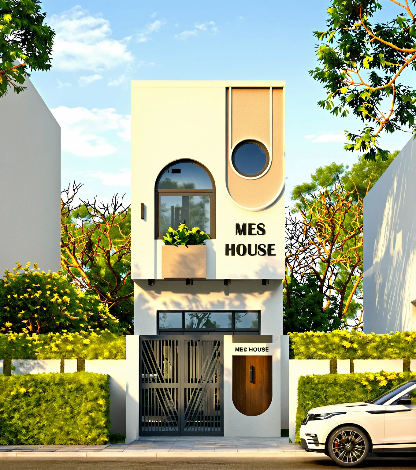 Masterpiece, high quality, best quality, authentic, super detail, outdoors, onestoreyvillaXL, aiaigroup, house style modern on the street ,stairs, white wall ,road,pavement, grass, trees, sky, cloud, (daylight:1.1)