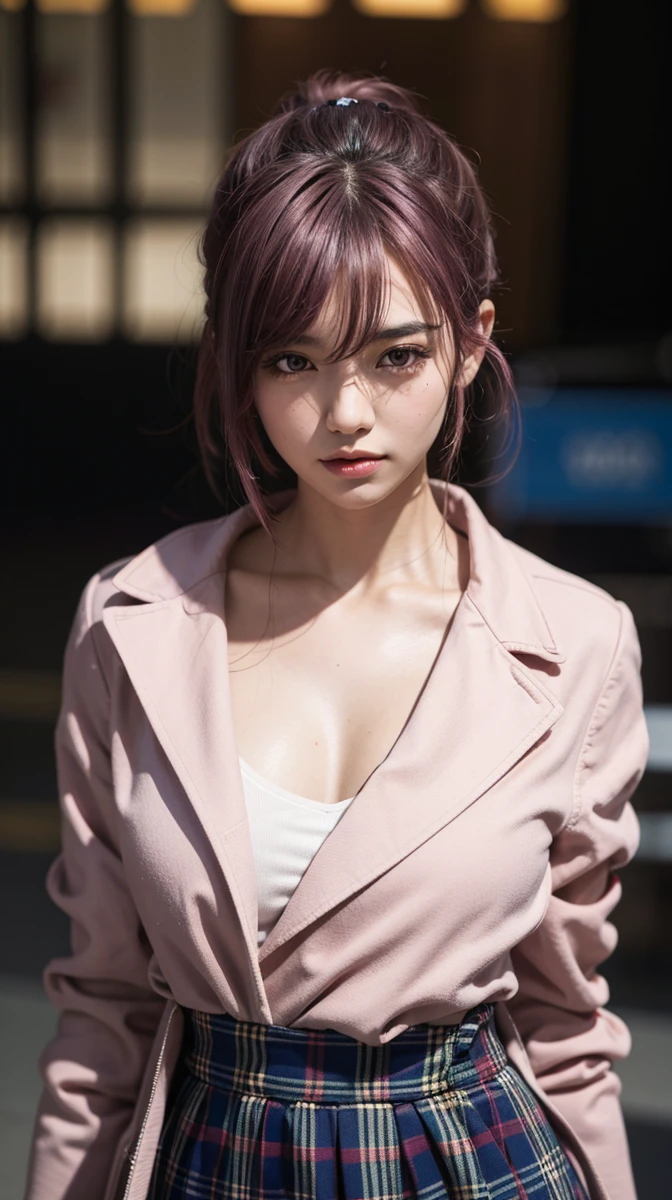illustrinion, 1 chico, infoque masculino, Hiofto Mastumoto, esconofrse of x-japan, estrella of rock japonesa, the pink spider, bokeh, Brown_eyes, closed_boca, cosplay_Photo, depth_of_Field, cipher, Movie_grain, infocado, Jacket, looking_in_viewer, tartan, tartan_shirt, Spiked_Hair, stadium, poco convincional_media, White_bottom, Delineador of ojos, Brown eyes, pink hair, Alone, looking_in_viewer, emotional, muy oftallado, plano gineral,art by artgerm, araña ofl crepúsculo