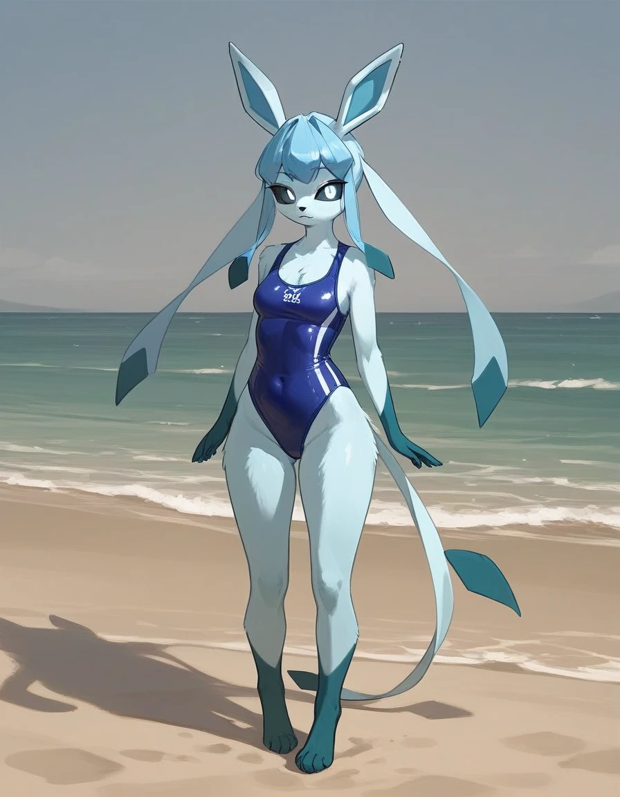 alone, score_9,score_8_up,score_7_up, an anthro furry female glaceon girl, black sclera, white eyes, full body, blue one-piece swimsuit, beach background, standing.