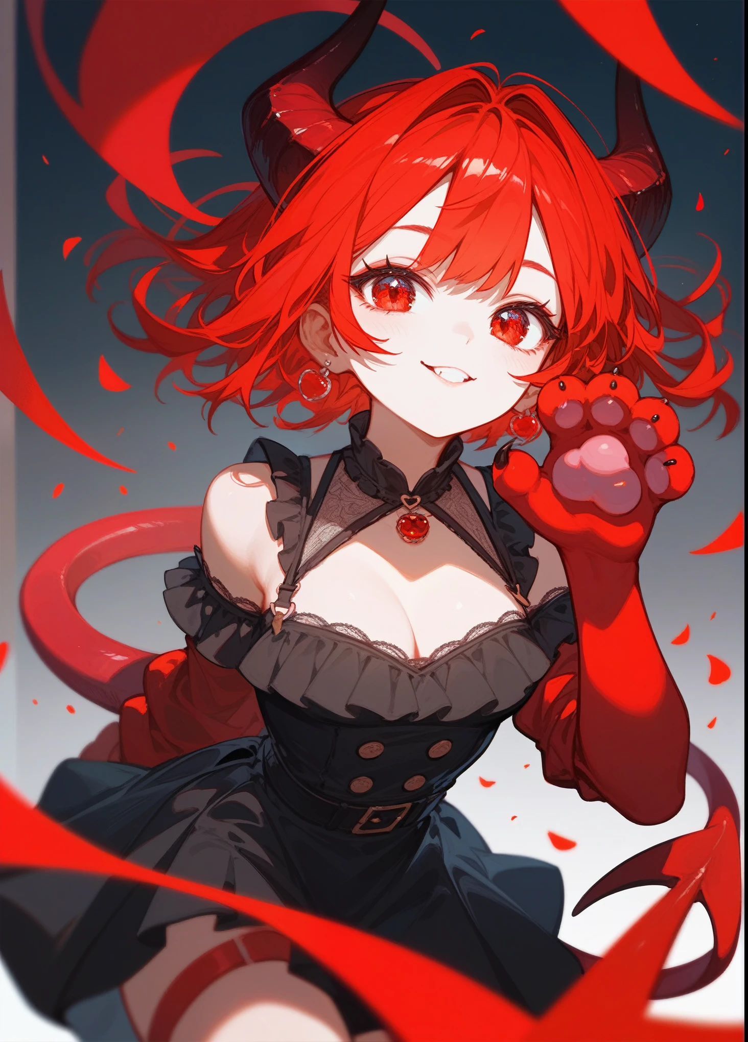 (Fraction_9,Fraction_8_Direction_7_up),1 Girl,Devil Girl,Red hair,Red Eyes,wing,paw,Black skirt,beautiful_Face,