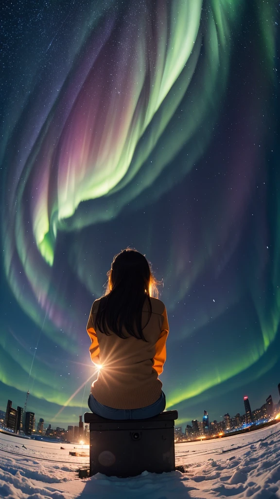 Masterpiece, best quality, 1girl, octane rendering, fisheye lense:0.8, awards winning photography, (from distance:1.2), symmetrical, at night, sitting and staring at the sky, from behind, city, cityscape, luminous, glowing, bright city lights, full of stars, (shooting stars), colorful aurora borealis, orange clouds:1.1, silhouette , from below