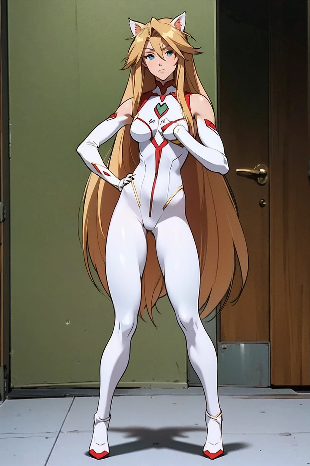 (((photo by full body))) , Kizi, hair long blonde, Flowing blonde hair, Cat's ears, greeneyes, in a white full-body superhero costume with leggings, work of art, high qualiy,