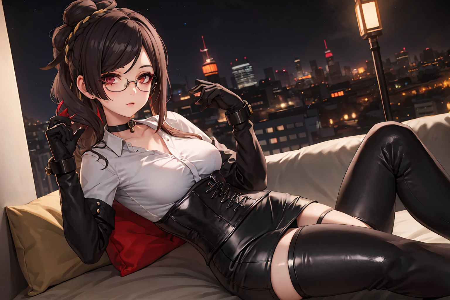 1 girl, Chiori \(genshin impact\), Alone, choker:1.6, White long sleeve shirt with long sleeve collar, black leather corset, black gloves that cover your hands, shiny black tight mini skirt, shackles, glasses, looking at the viewer,, inside, depth of field, expressionless, alley, at night
