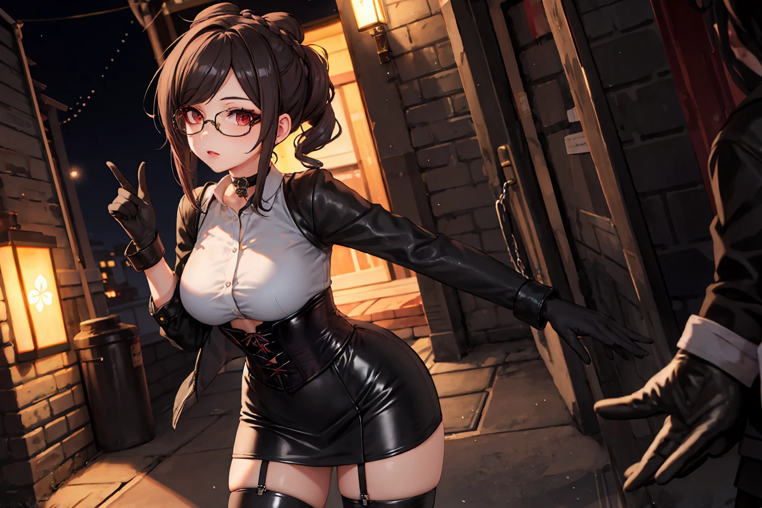 1 girl, Chiori \(genshin impact\), Alone, choker:1.6, White long sleeve shirt with long sleeve collar, black leather corset, black gloves that cover your hands, shiny black tight mini skirt, shackles, glasses, looking at the viewer,, inside, depth of field, expressionless, alley, at night