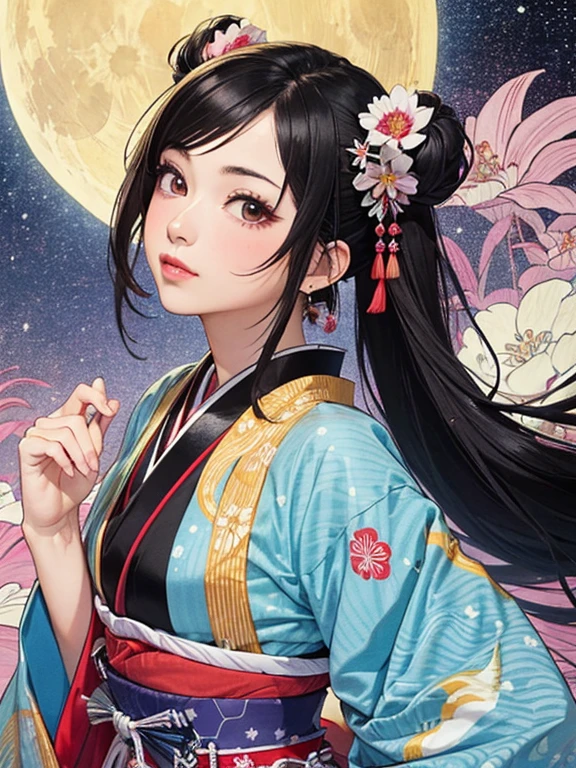 (masterpiece, Highest quality,High resolution, Official Art), (One girl), Bright and vivid color patterns in Japanese clothing、Black hair in a Japanese round topknot,Traditional Japanese patterned fabric, (Dynamic movements),(Shiny skin),  ( Ukiyo-e background,moon,flower,cloud )
