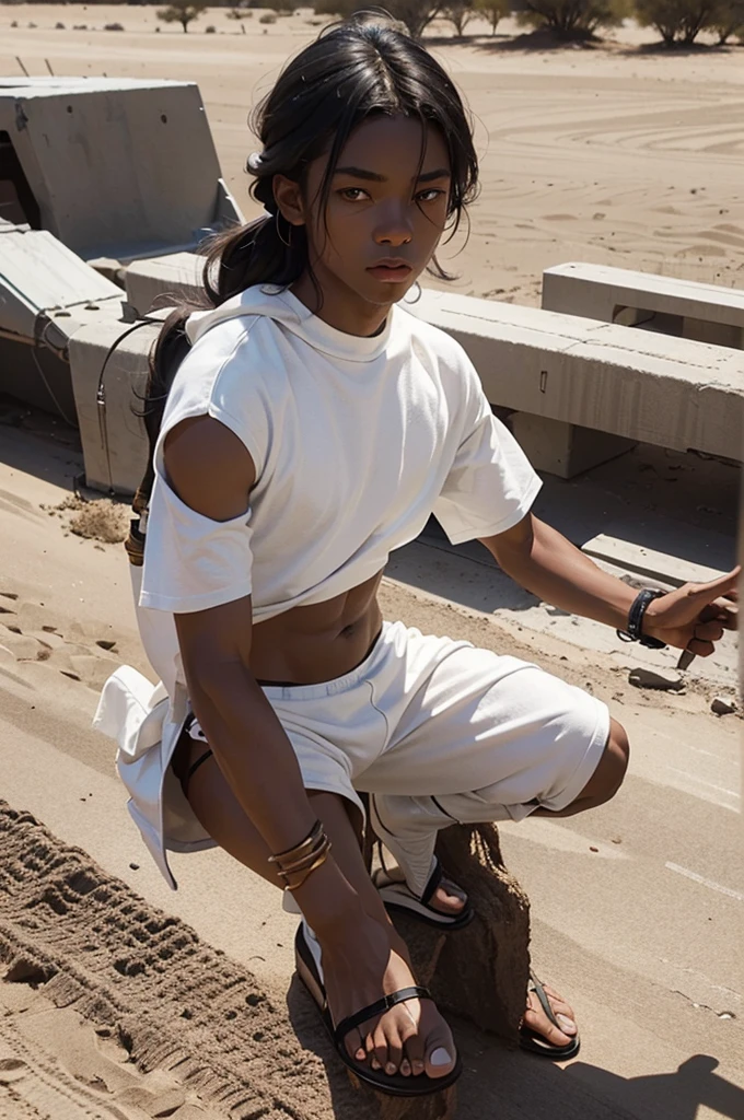 young man, not so high,Little Muscle, slightly dark skin, Desert scenery, light outfits, fighter, combat pose, wearing spartan sandals, white  clothes