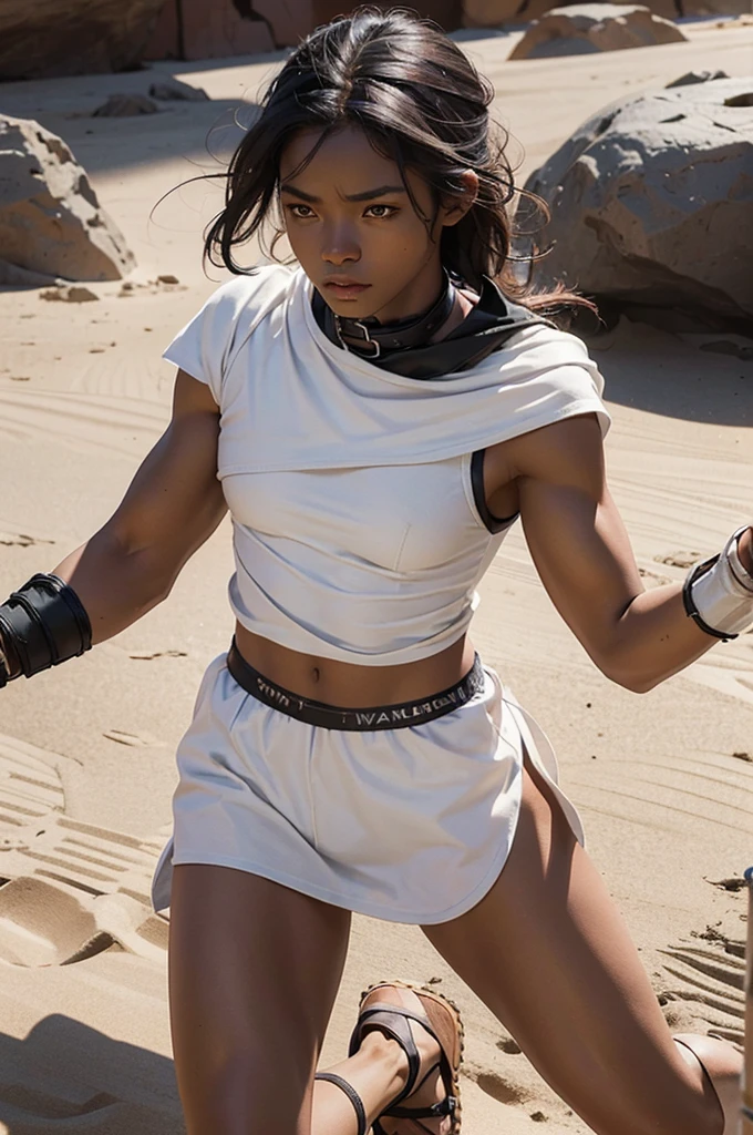 young man, not so high,Little Muscle, slightly dark skin, Desert scenery, light outfits, fighter, combat pose, wearing spartan sandals, white clothes