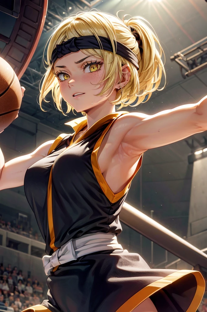 8k high resolution, detailed face, detailed body, perfect body, ultra high quality, 1 girl, sleeveless shirt, arms up, armpit, sweating, black headband, yellow eyes, basketball court background