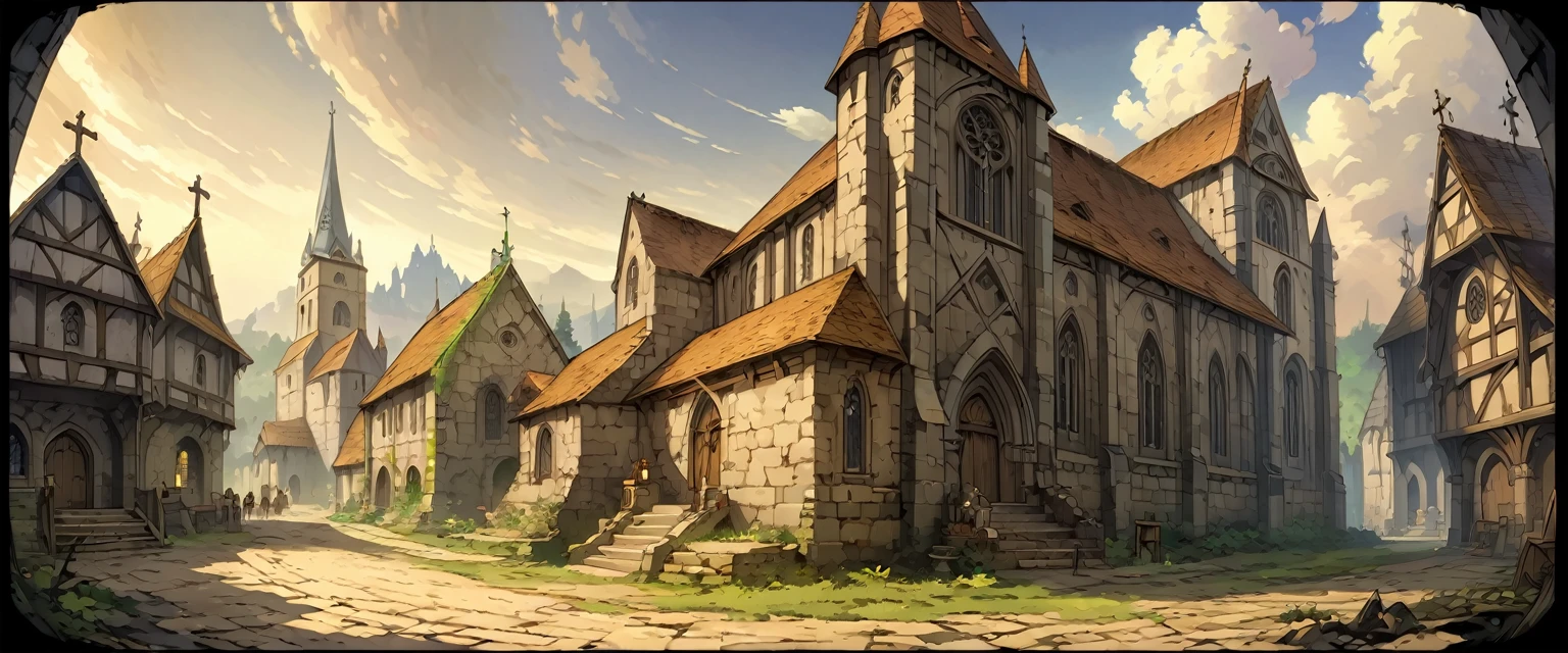 church(European medieval churches),White Wall,Sacred and solemn environment。Mid-ground composition,Panorama pictures,Scene screen,Game concept art style,Anime illustration style,HD,4K。