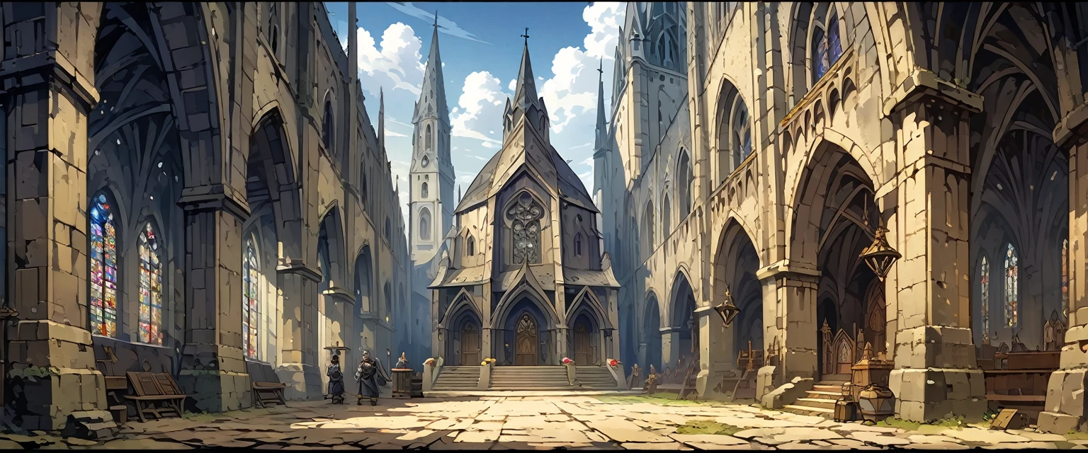 church(European medieval churches)，White Wall，Sacred and solemn environment。Mid-ground composition，Panorama pictures，Scene screen，Game concept art style，Anime illustration style，HD，4K。