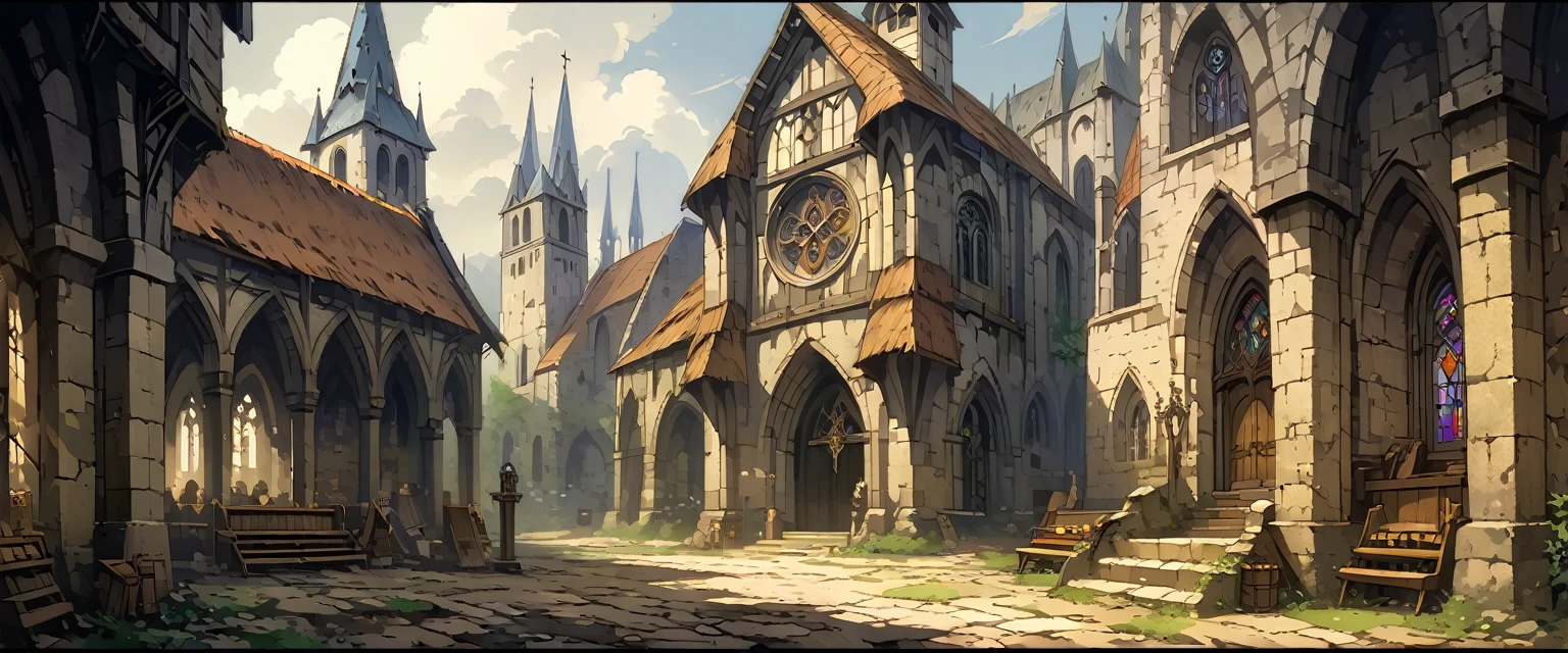 church(European medieval churches)，White Wall，Sacred and solemn environment。Mid-ground composition，Panorama pictures，Scene screen，Game concept art style，Anime illustration style，HD，4K。