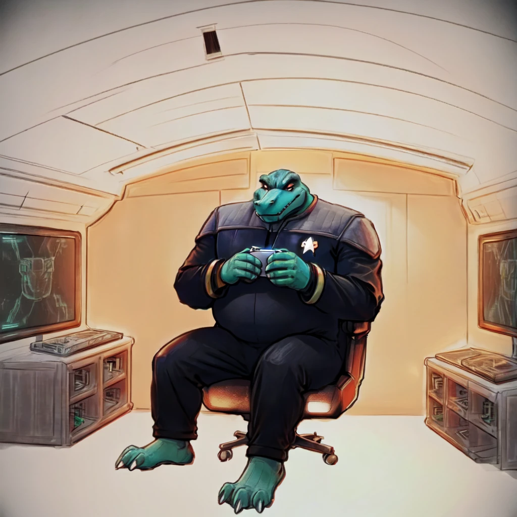 (((Barefoot scaley character, full body, cinematic setting, furry male, plantigrade))) 
Doctor (((kingkrool))), crocodile, green skin, reptile, gold bracelets, scales, bloodshot eye, fat, obese,
exudes confidence and authority, wears star trek DS9 doctor teal uniform, ((ds9st, black and grey star trek uniform, grey shoulders, teal neck, black jumpsuit, black pants)) dynamic pose, holding medical tricorder, ((starship interior with many screens and consoles)), futuristic look, metalic, bright colors
BREAK, intricate details, highly detailed, extreme detail, octane render, fine art, best quality, highres, (detailed face:1.5), ((full_body)), UHD, (((perfect hands))), ((low light:1.5))