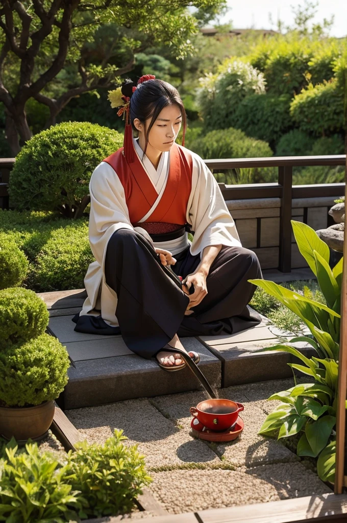 Generate an image of a samurai resting in a garden drinking tea.